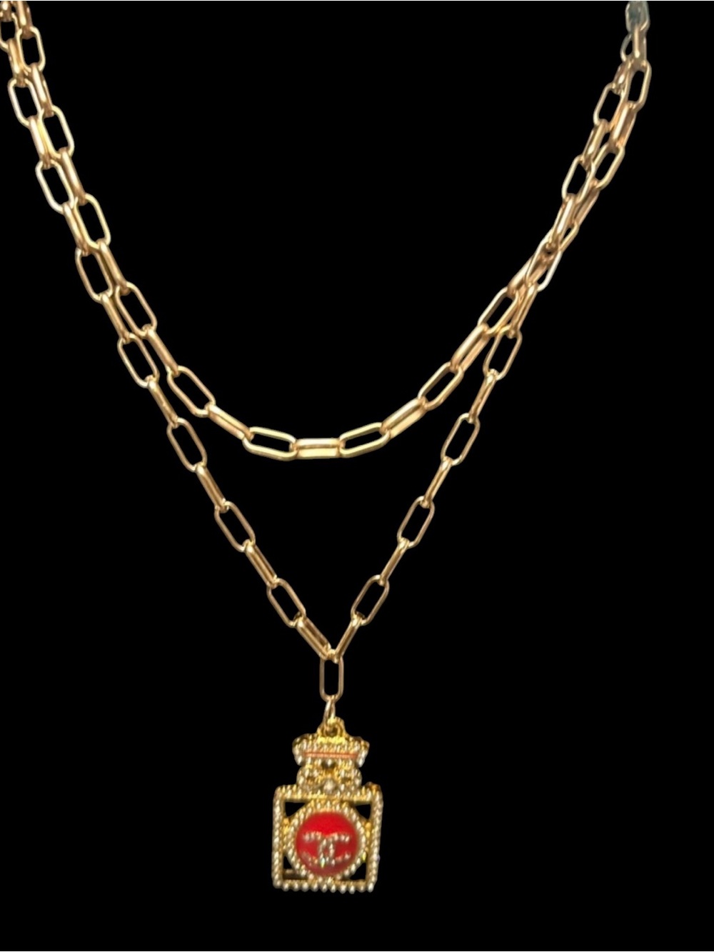 Gold-Tone CC Double Chain Necklace with Red Enamel Perfume Bottle Pendant